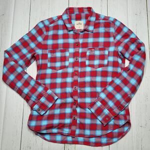 Hollister Plaid Flannel Button Down Y2K Top Long Sleeve Shirt Red Blue Medium